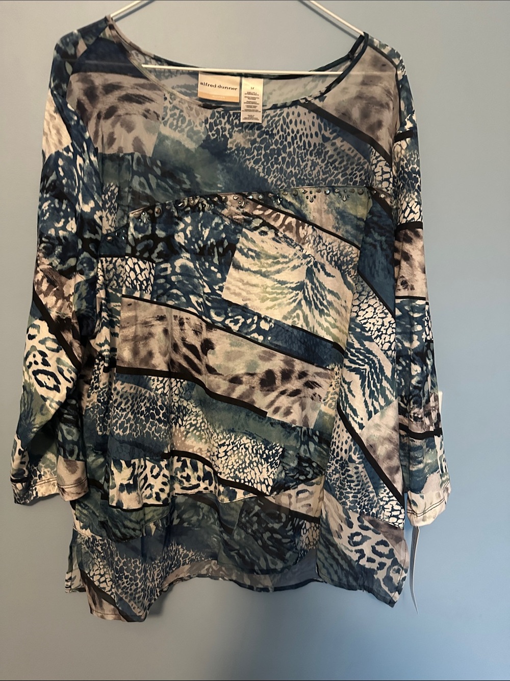 Alfred Dunner Teal Blue Multi-Pattern Tunic Top